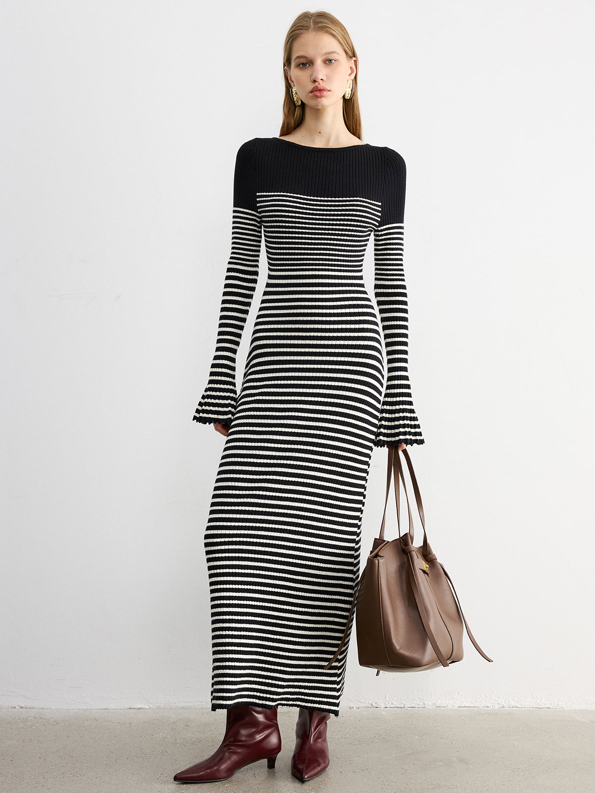 Flared Sleeve Color-Block Striped Knit Maxi Dress-Chicvia