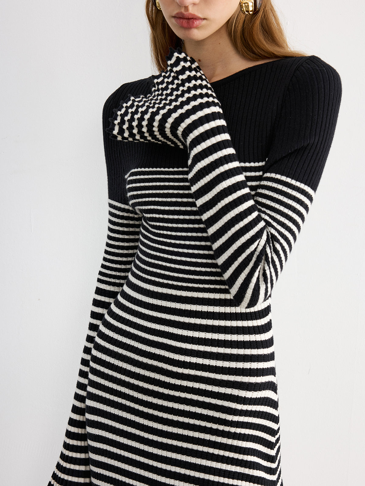 Flared Sleeve Color-Block Striped Knit Maxi Dress-Chicvia