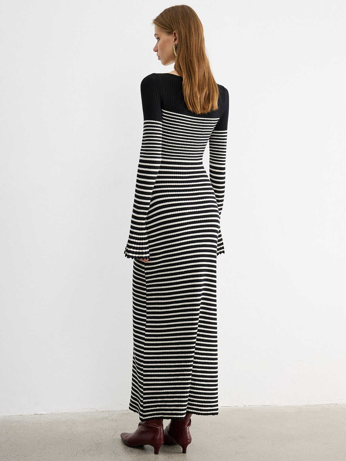 Flared Sleeve Color-Block Striped Knit Maxi Dress-Chicvia