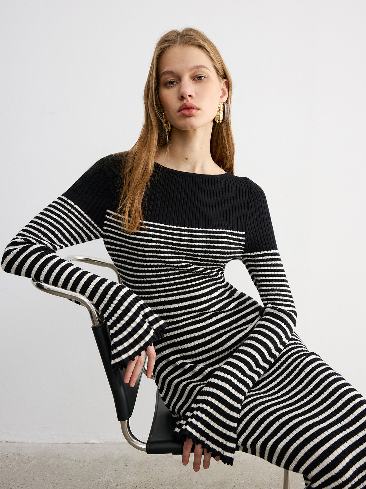 Flared Sleeve Color-Block Striped Knit Maxi Dress-Chicvia