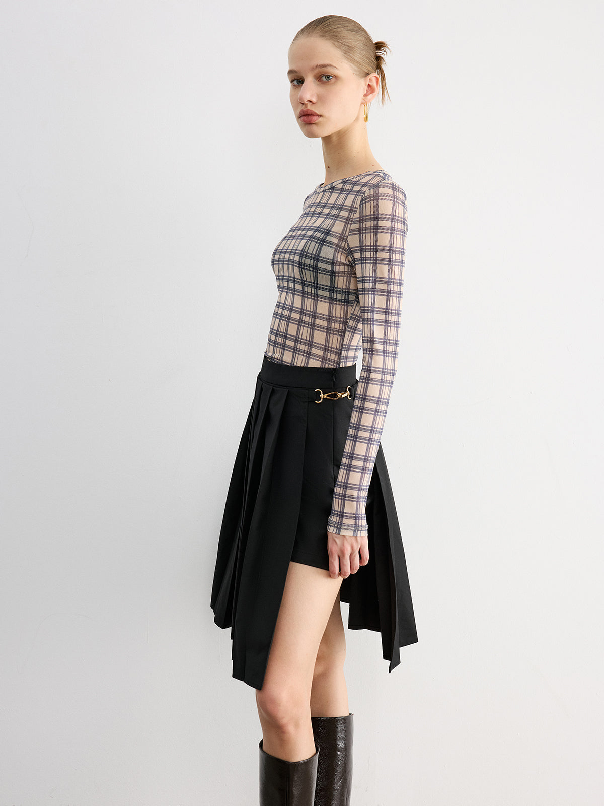 Plaid Sheer Long Sleeve Top-Chicvia