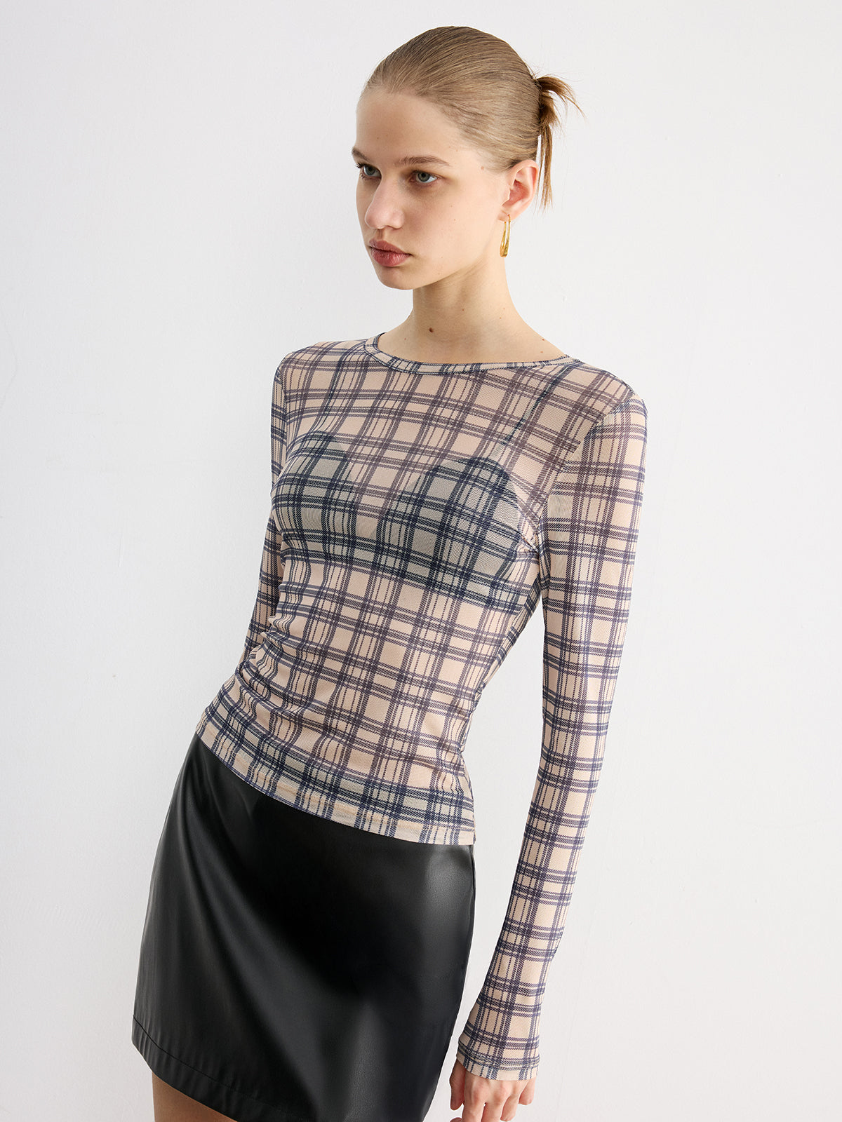 Plaid Sheer Long Sleeve Top-Chicvia