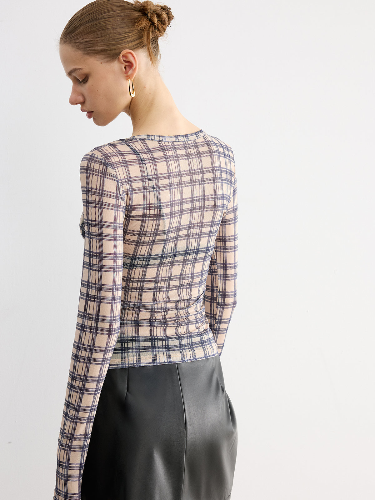 Plaid Sheer Long Sleeve Top-Chicvia