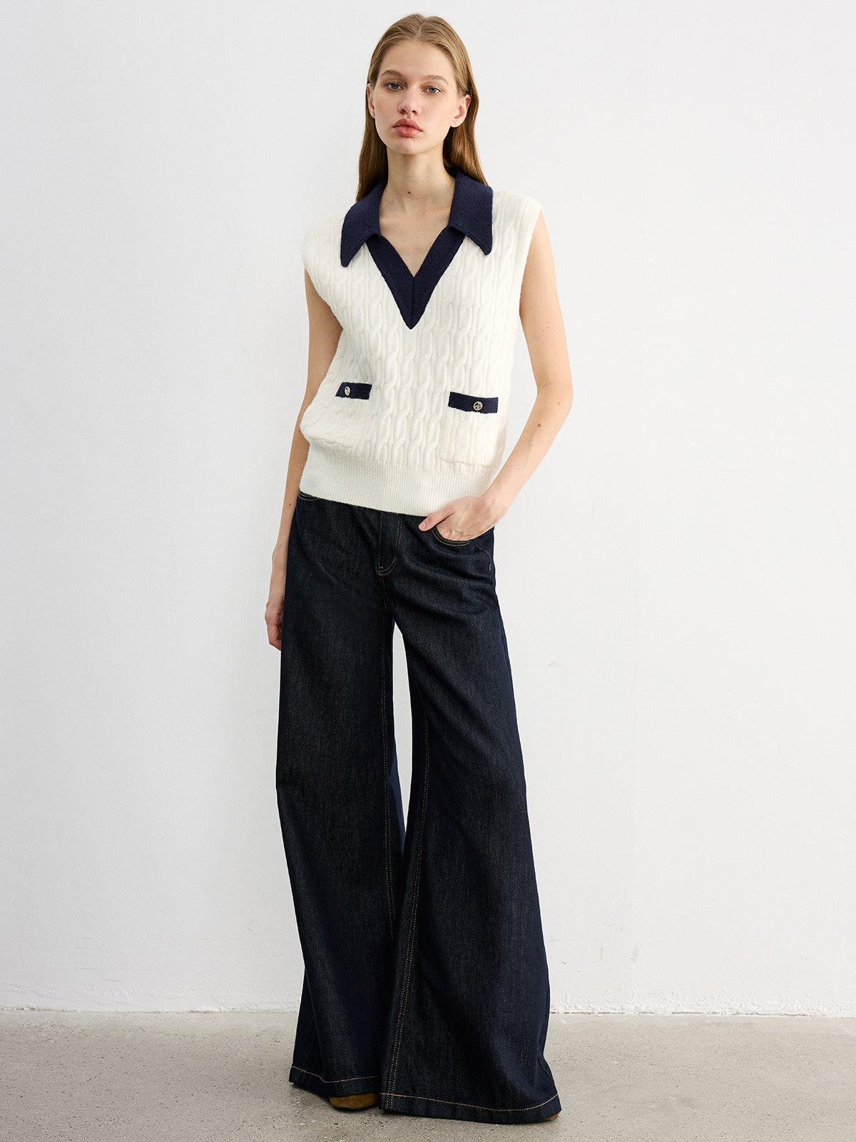 Collared Colorblock Knit Tank Top-Chicvia