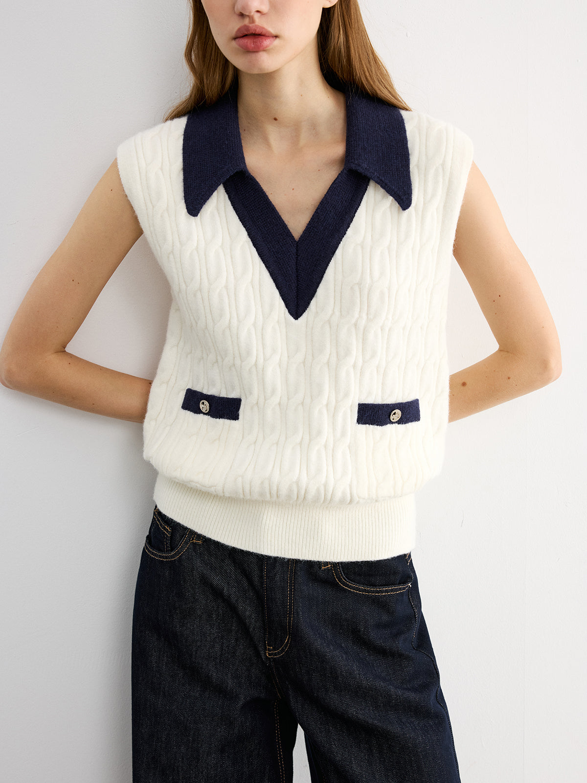 Collared Colorblock Knit Tank Top-Chicvia