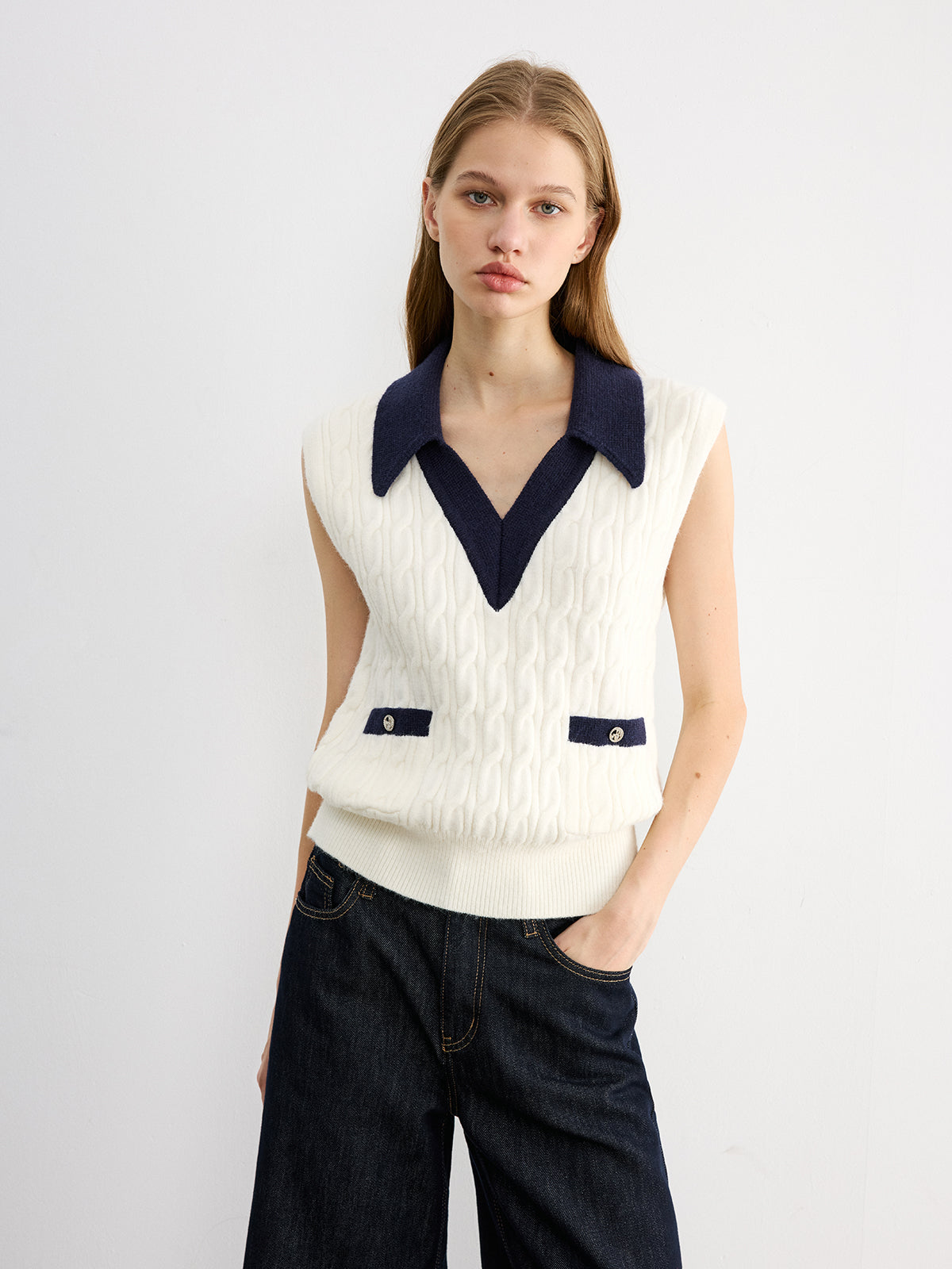 Collared Colorblock Knit Tank Top-Chicvia