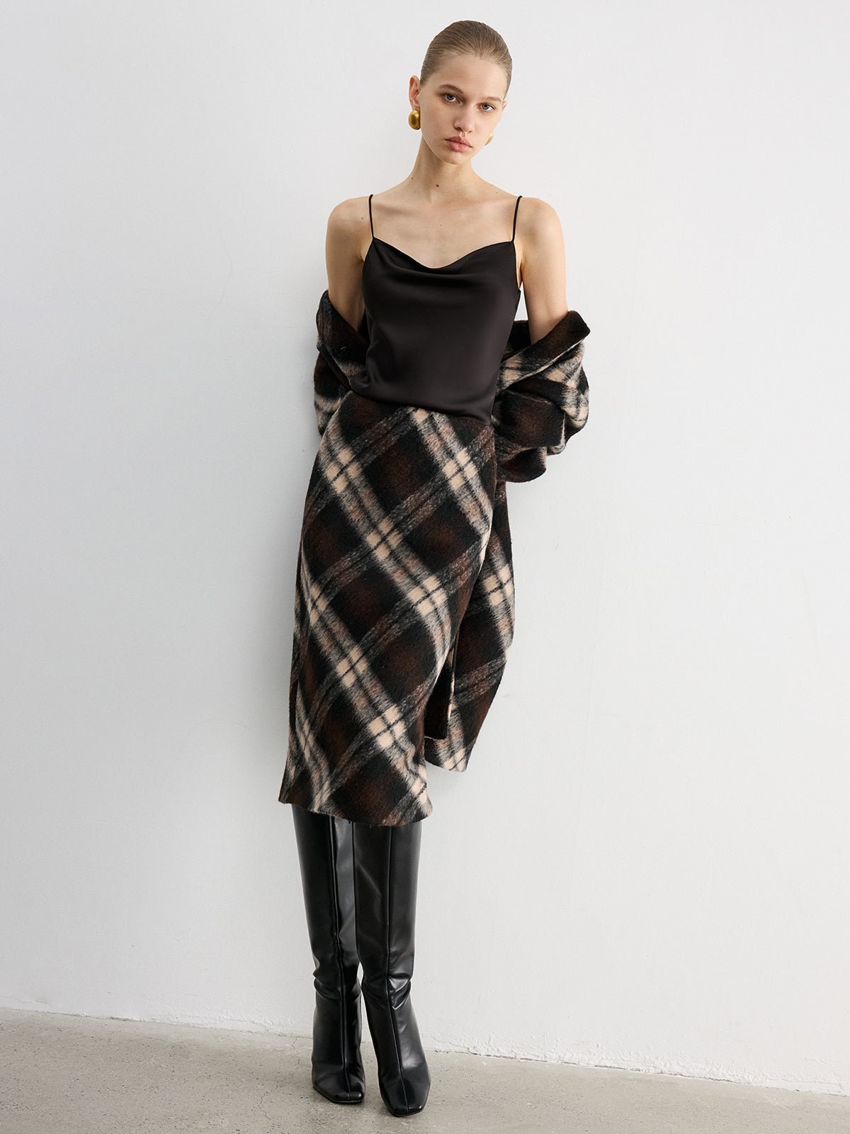 Plaid Wool-Blend Midi Pencil Skirt-Chicvia