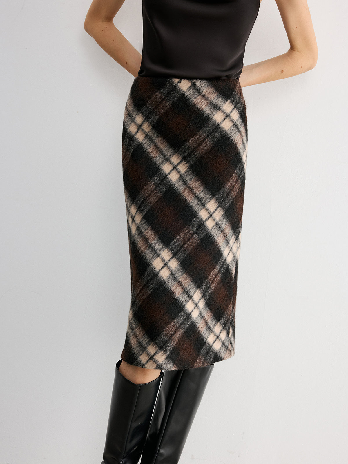 Plaid Wool-Blend Midi Pencil Skirt-Chicvia