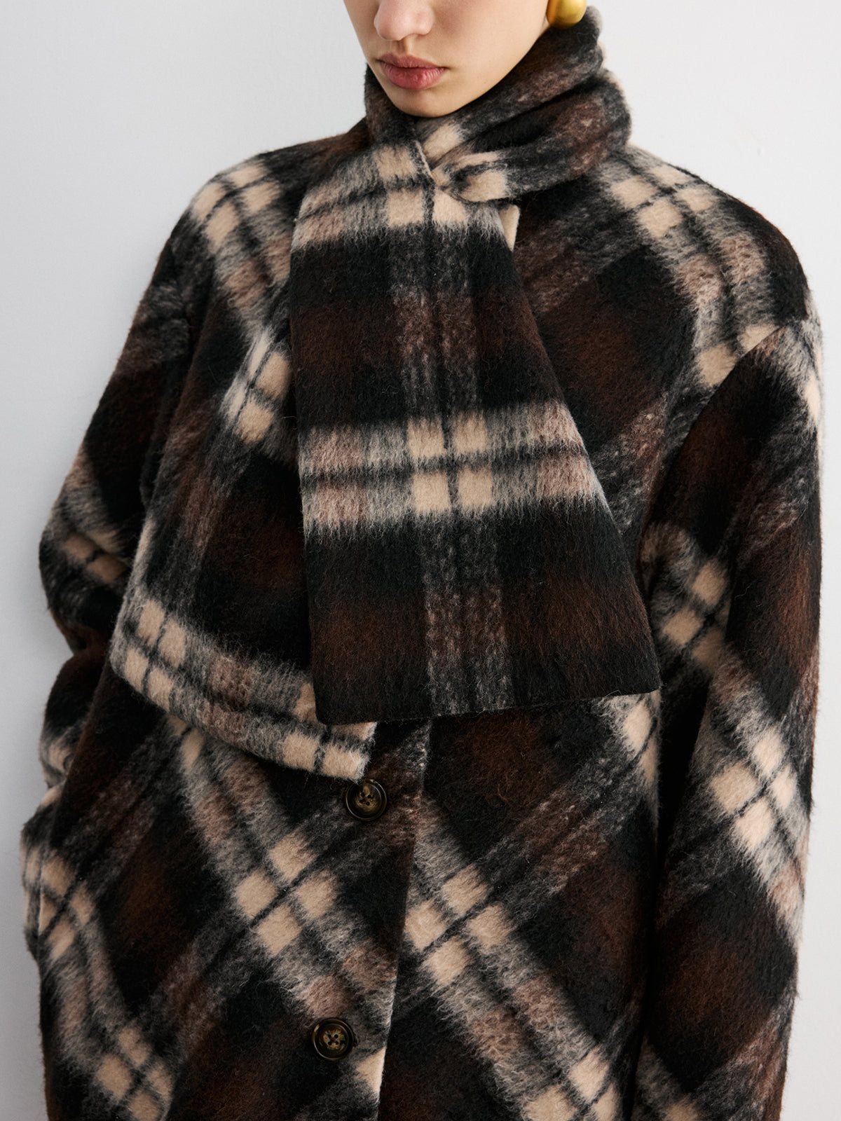 Plaid Wool-Blend Coat with Matching Scarf-Chicvia