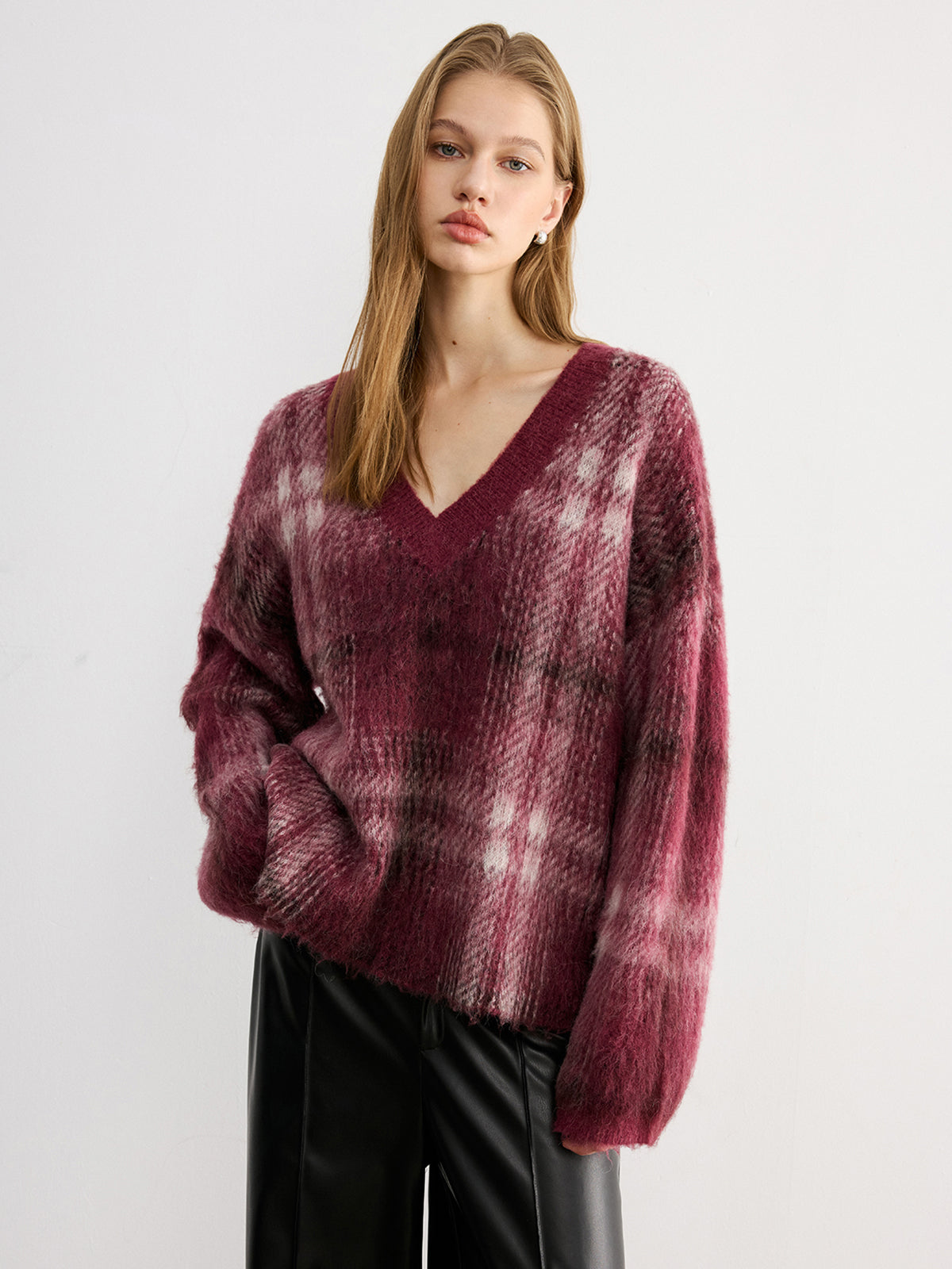 Plaid V-Neck Wool-Blend Sweater-Chicvia