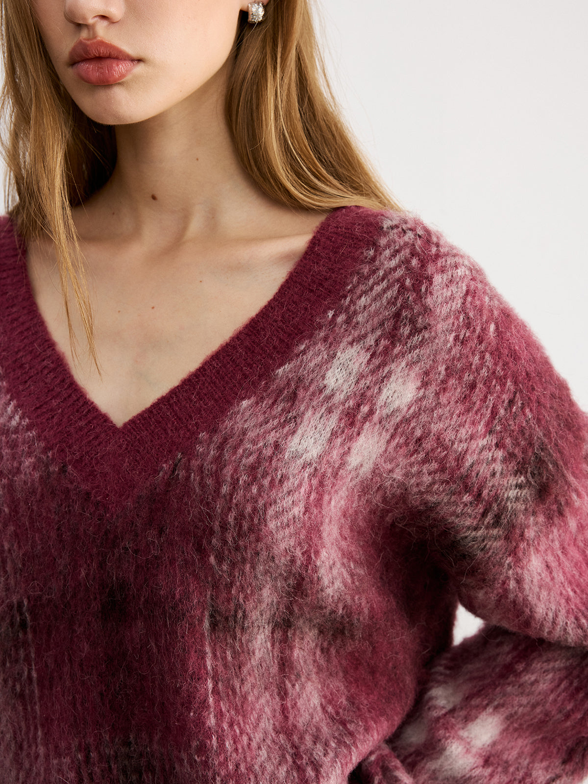 Plaid V-Neck Wool-Blend Sweater-Chicvia
