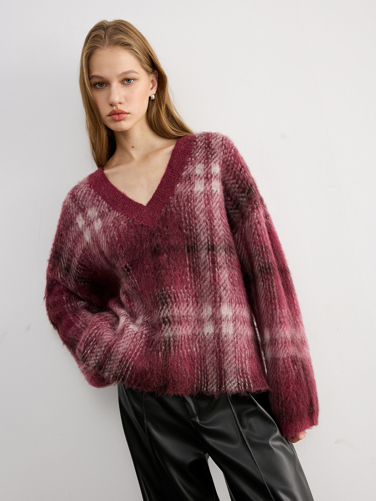 Plaid V-Neck Wool-Blend Sweater-Chicvia