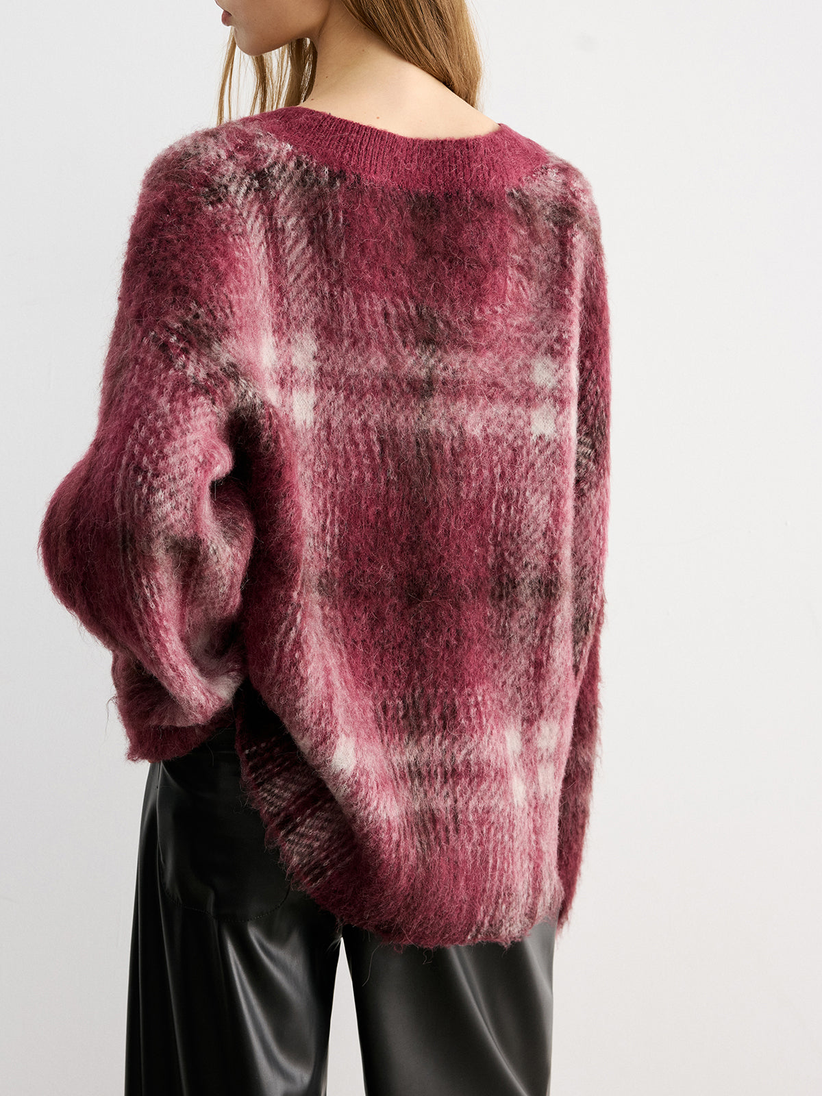 Plaid V-Neck Wool-Blend Sweater-Chicvia