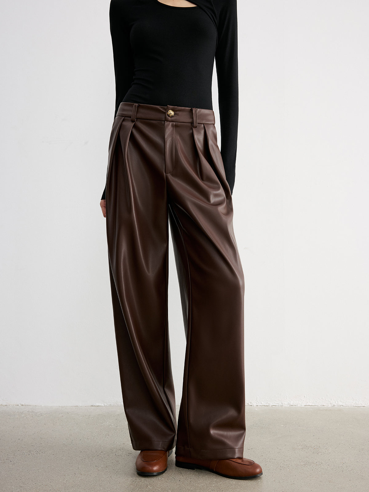 Mid-Waist Faux Leather Wide-Leg Pants-Chicvia