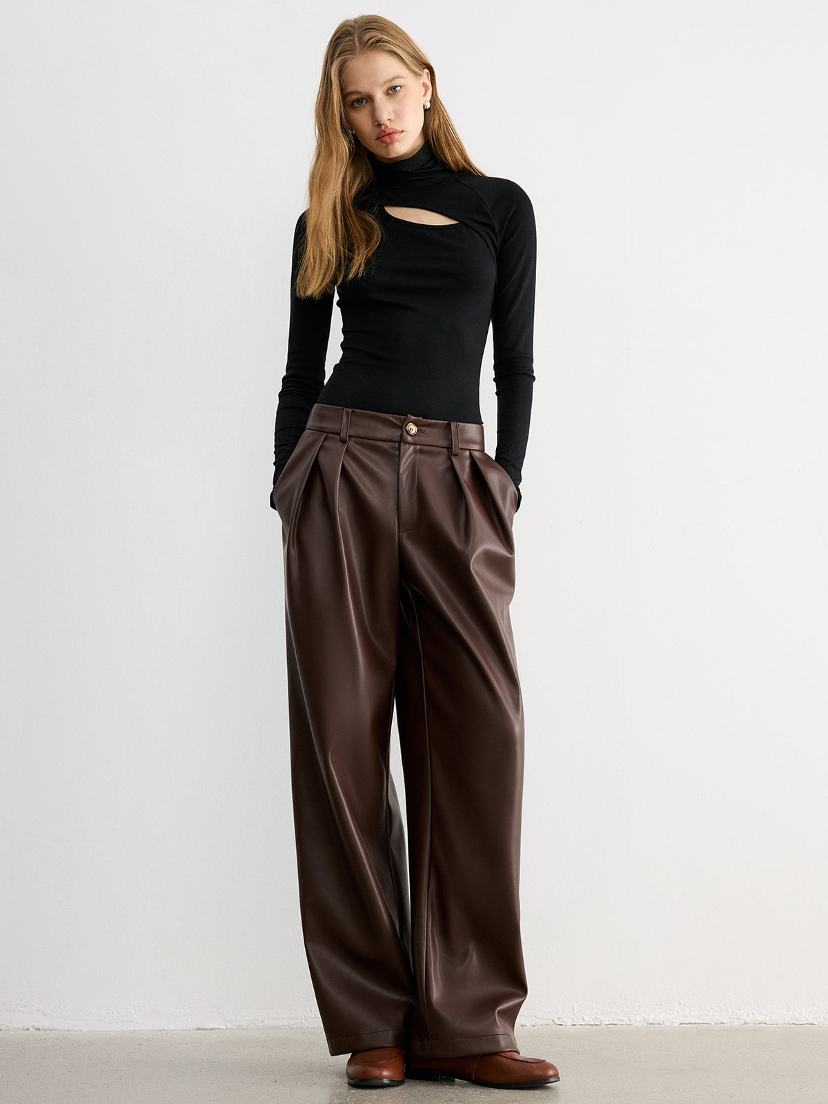 Mid-Waist Faux Leather Wide-Leg Pants-Chicvia