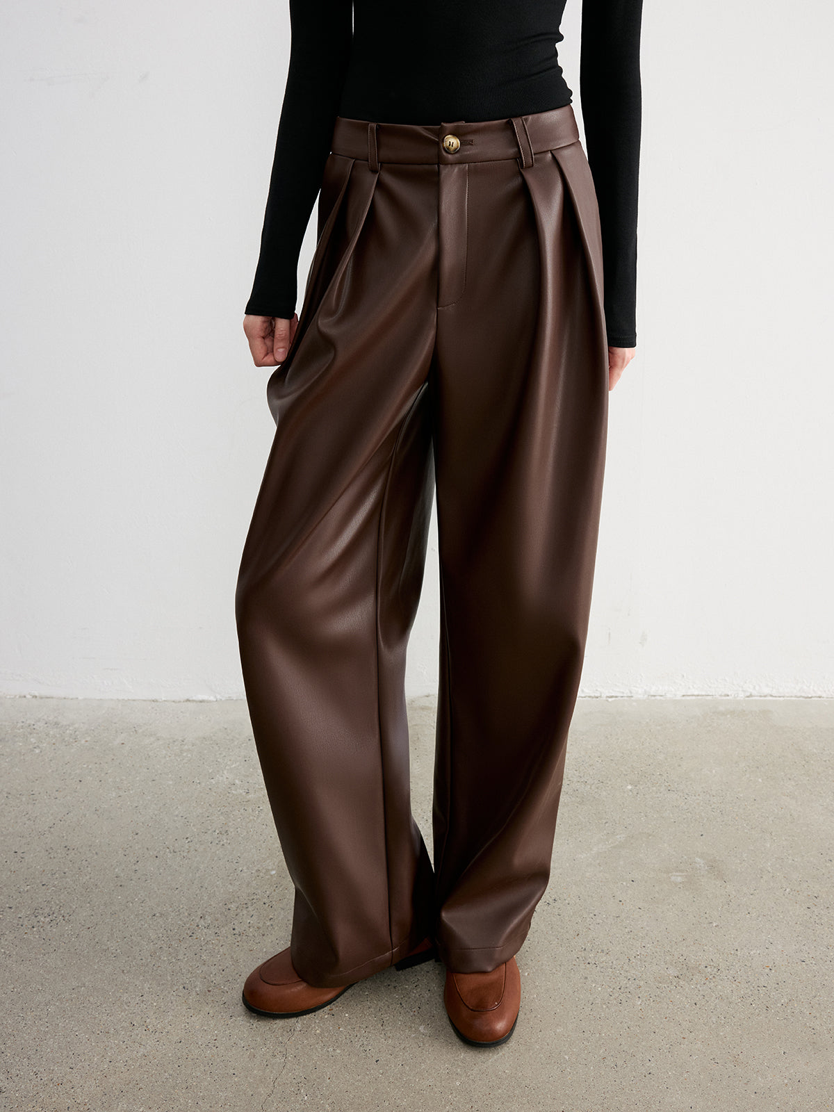 Mid-Waist Faux Leather Wide-Leg Pants-Chicvia