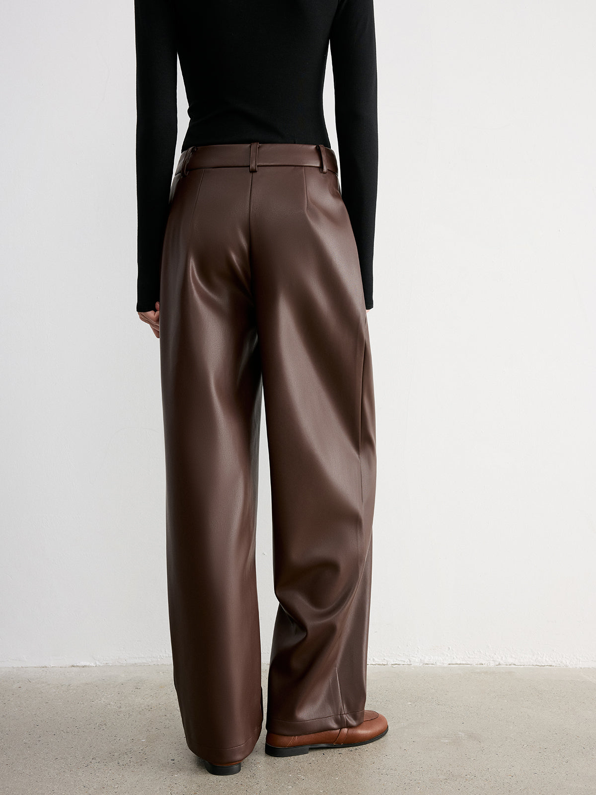 Mid-Waist Faux Leather Wide-Leg Pants-Chicvia