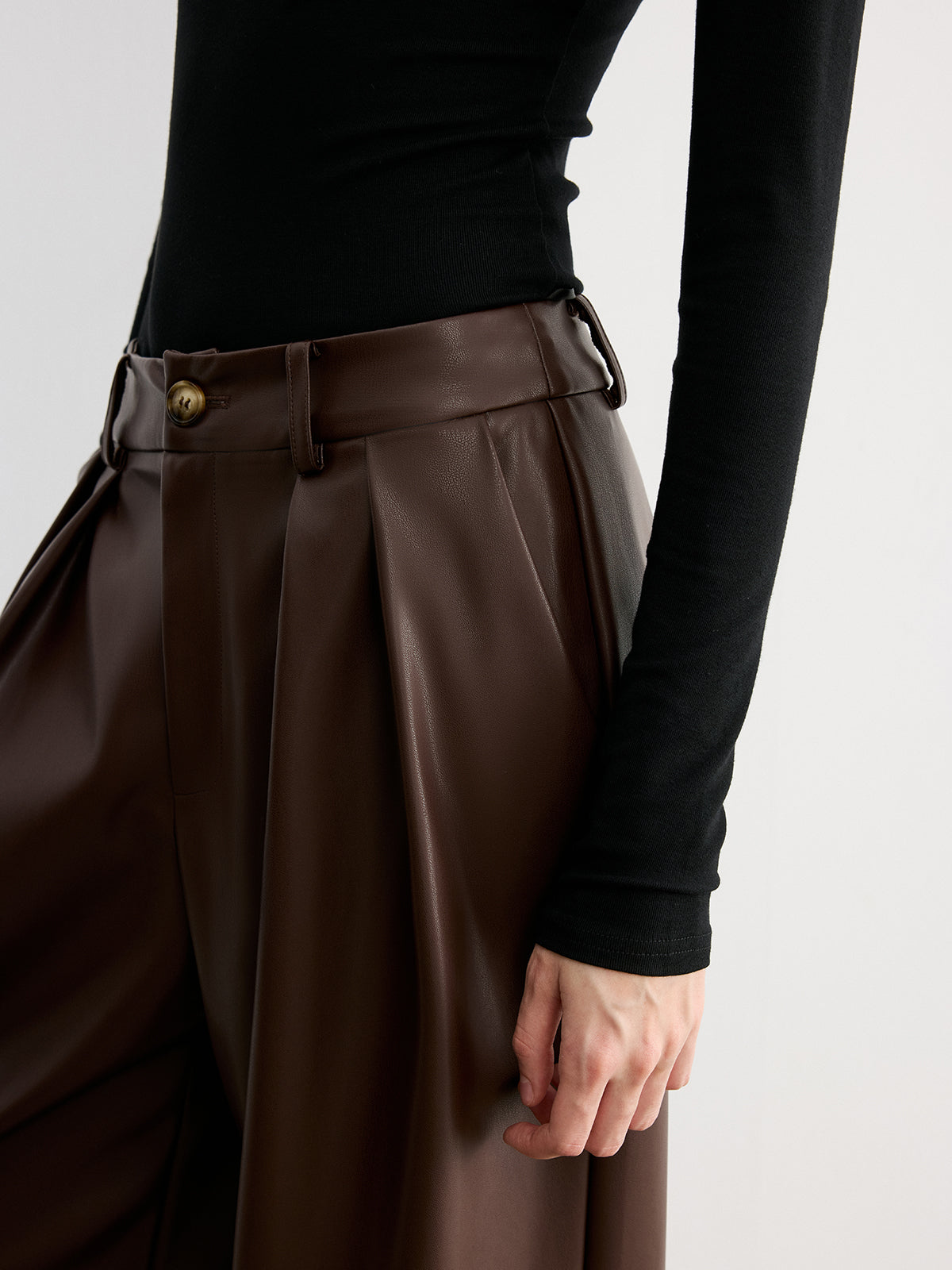 Mid-Waist Faux Leather Wide-Leg Pants-Chicvia