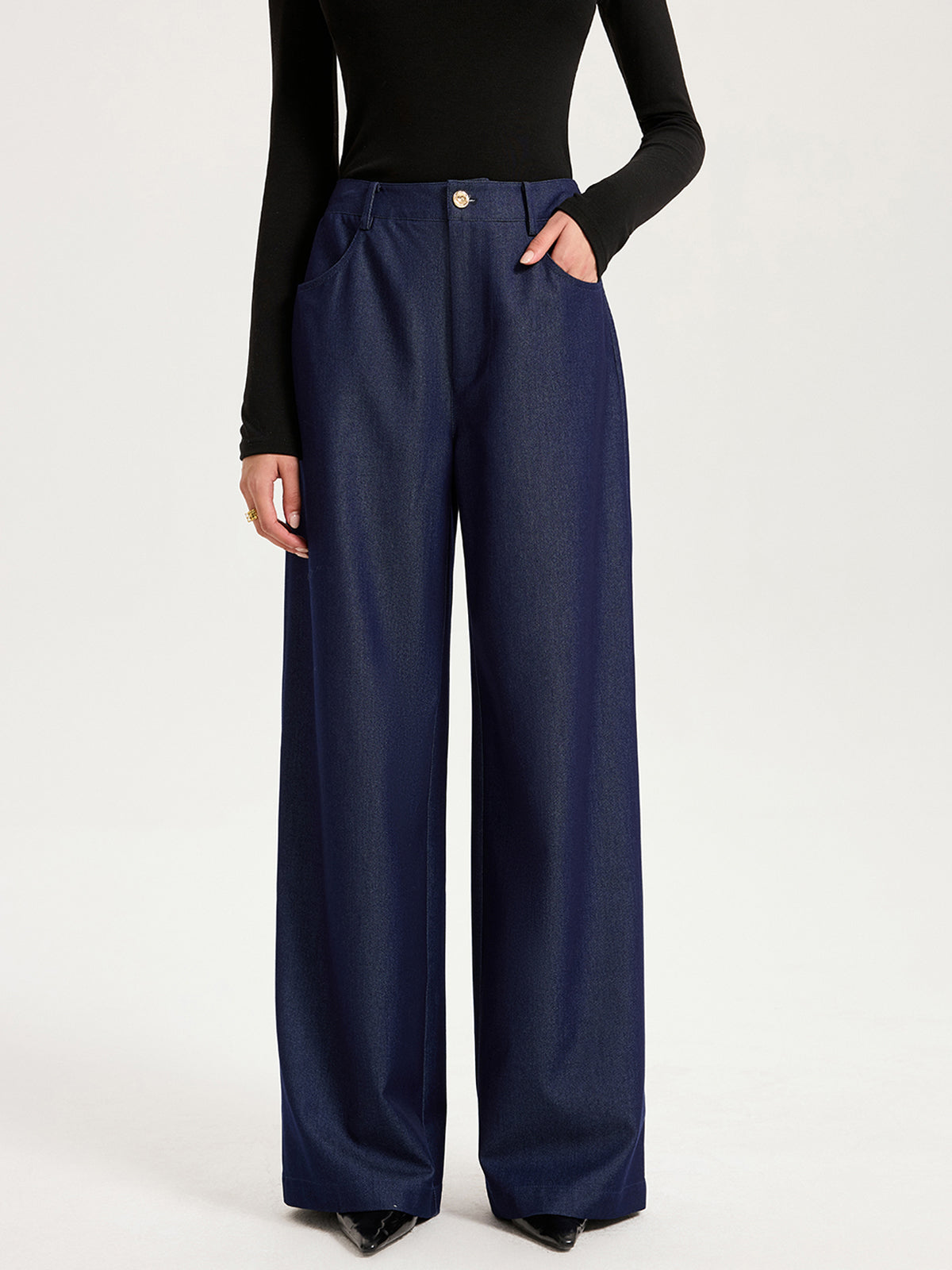 High-Waisted Wide-Leg Faux Denim Pants-Chicvia