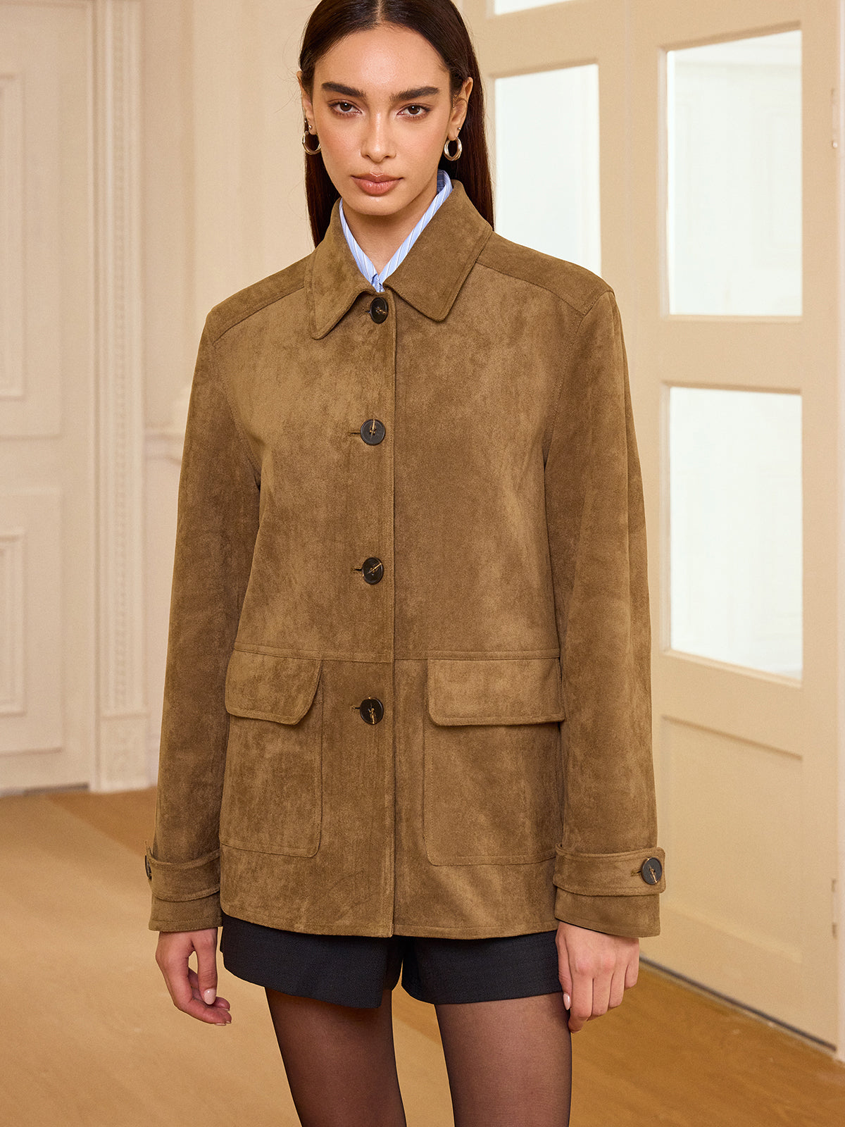 Collared Button-Front Suede Effect Blazer-Chicvia