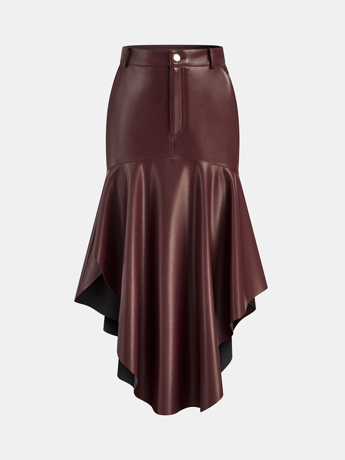 Faux Leather Asymmetric Mermaid Hem Midi Skirt-Chicvia