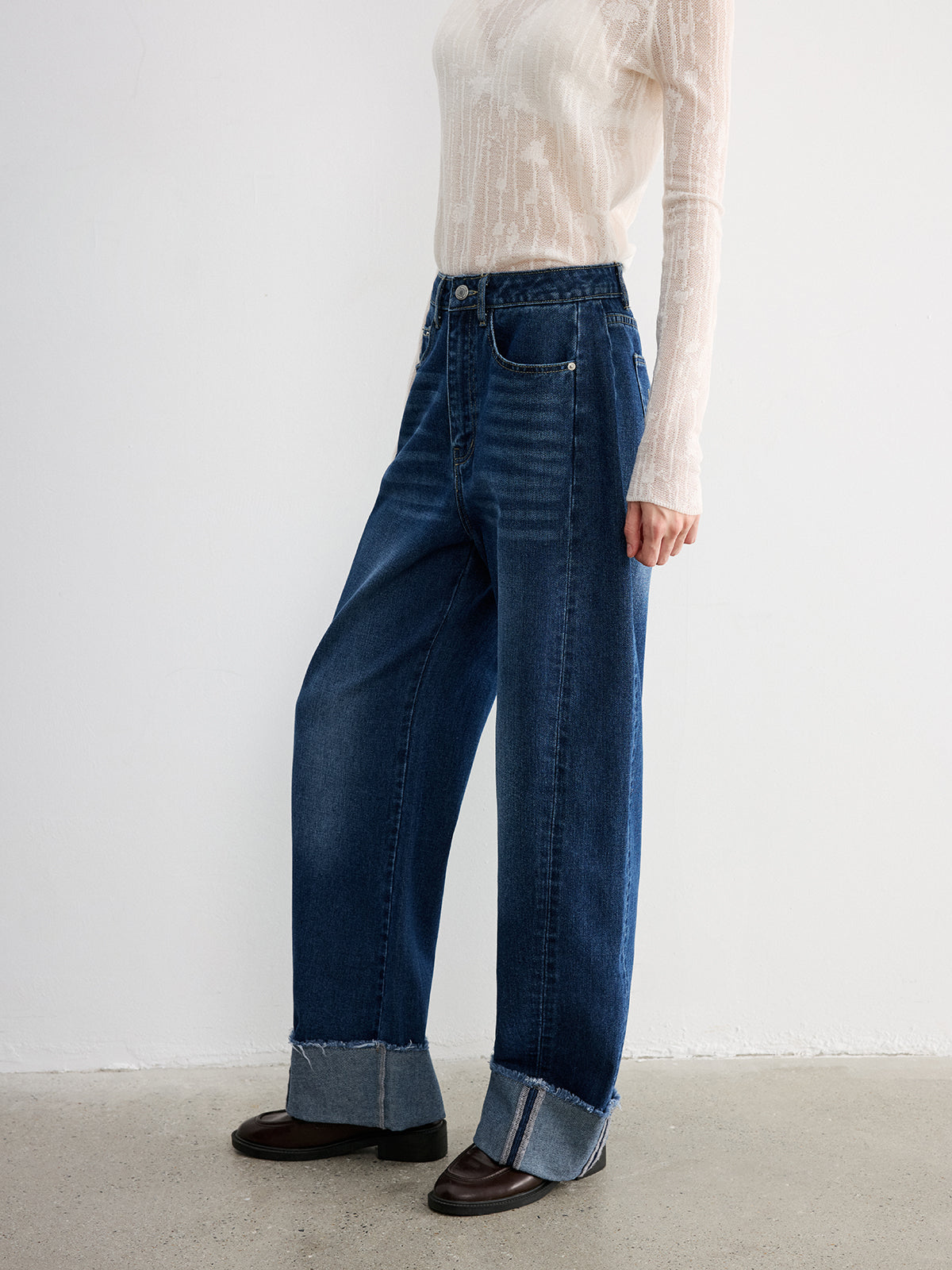 Frayed Cuffed Denim Wide-Leg Jeans-Chicvia