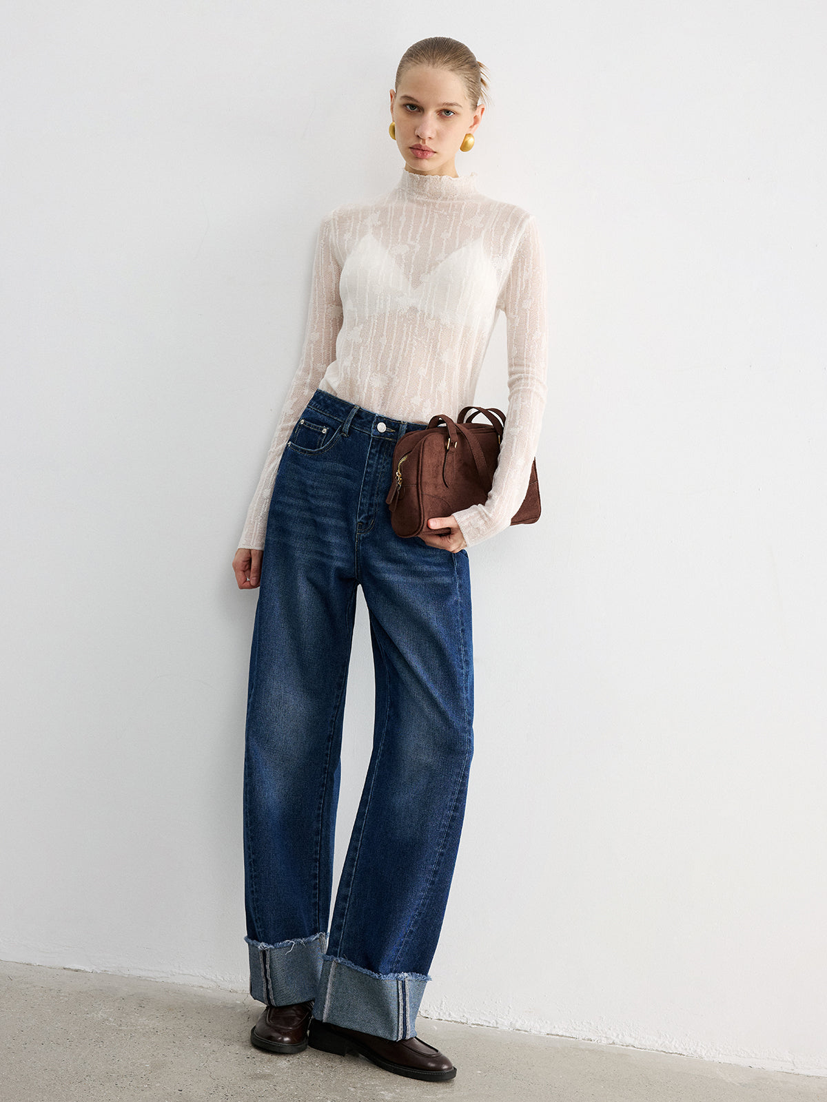 Frayed Cuffed Denim Wide-Leg Jeans-Chicvia
