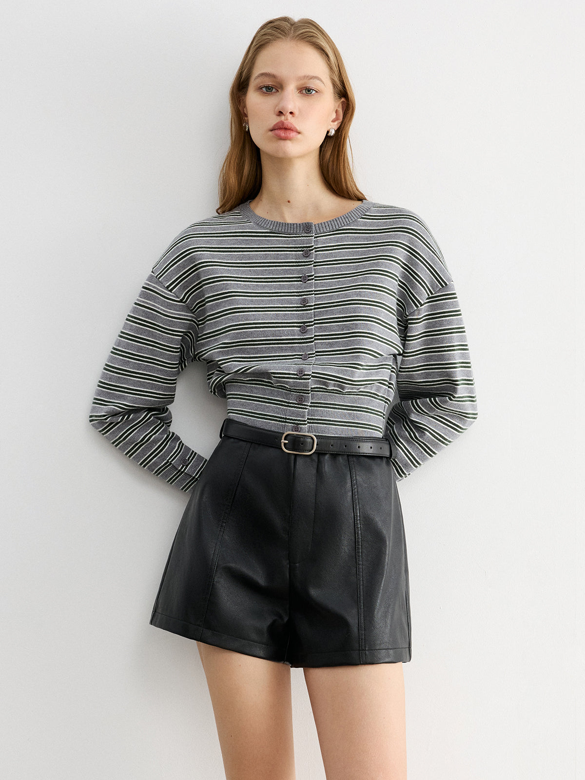 Faux Leather Belted Shorts-Chicvia