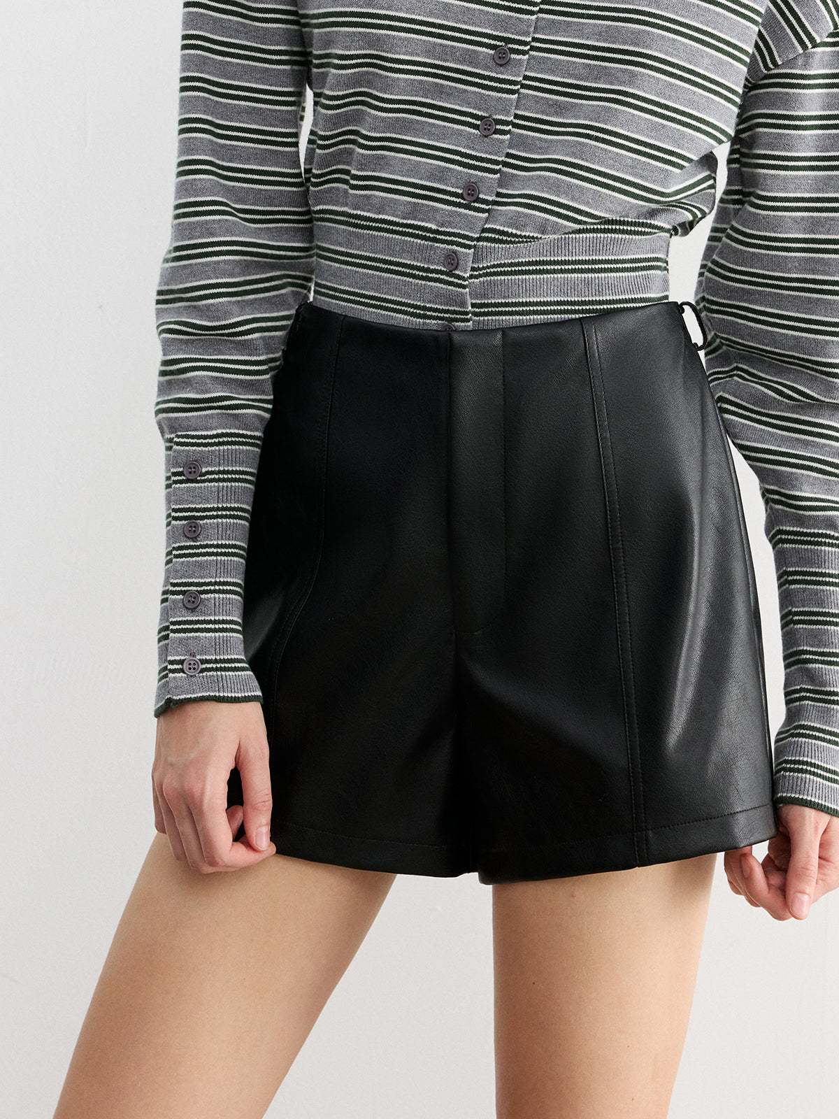Faux Leather Belted Shorts-Chicvia