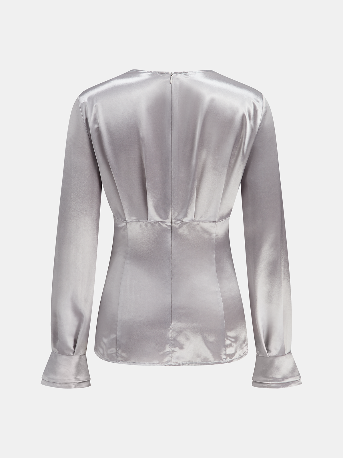 Long Sleeve V-Neck Knot Front Satin Blouse-Chicvia