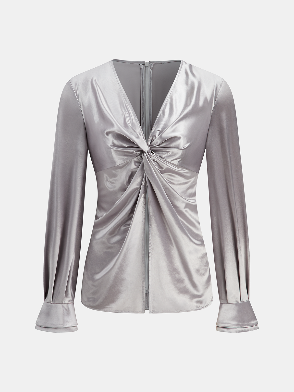 Long Sleeve V-Neck Knot Front Satin Blouse-Chicvia
