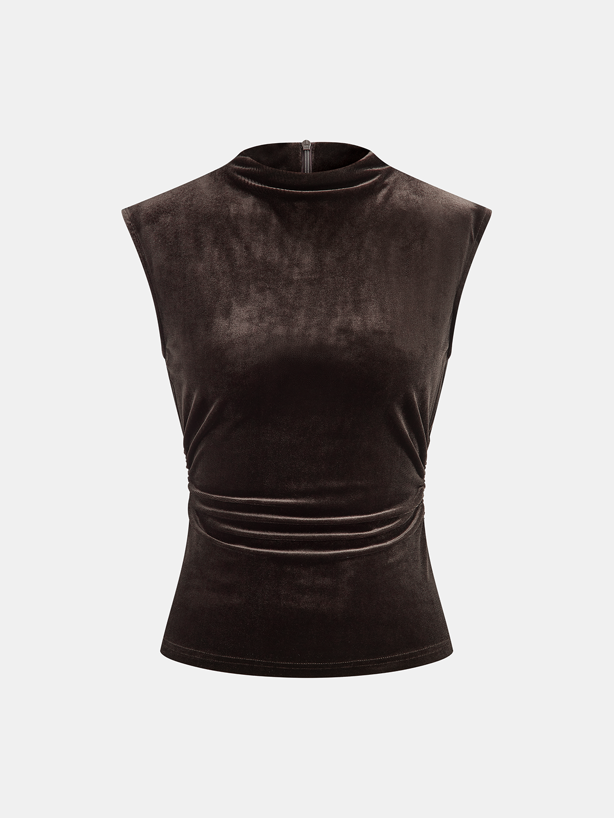 Mock Neck Ruched Velvet Sleeveless Top-Chicvia