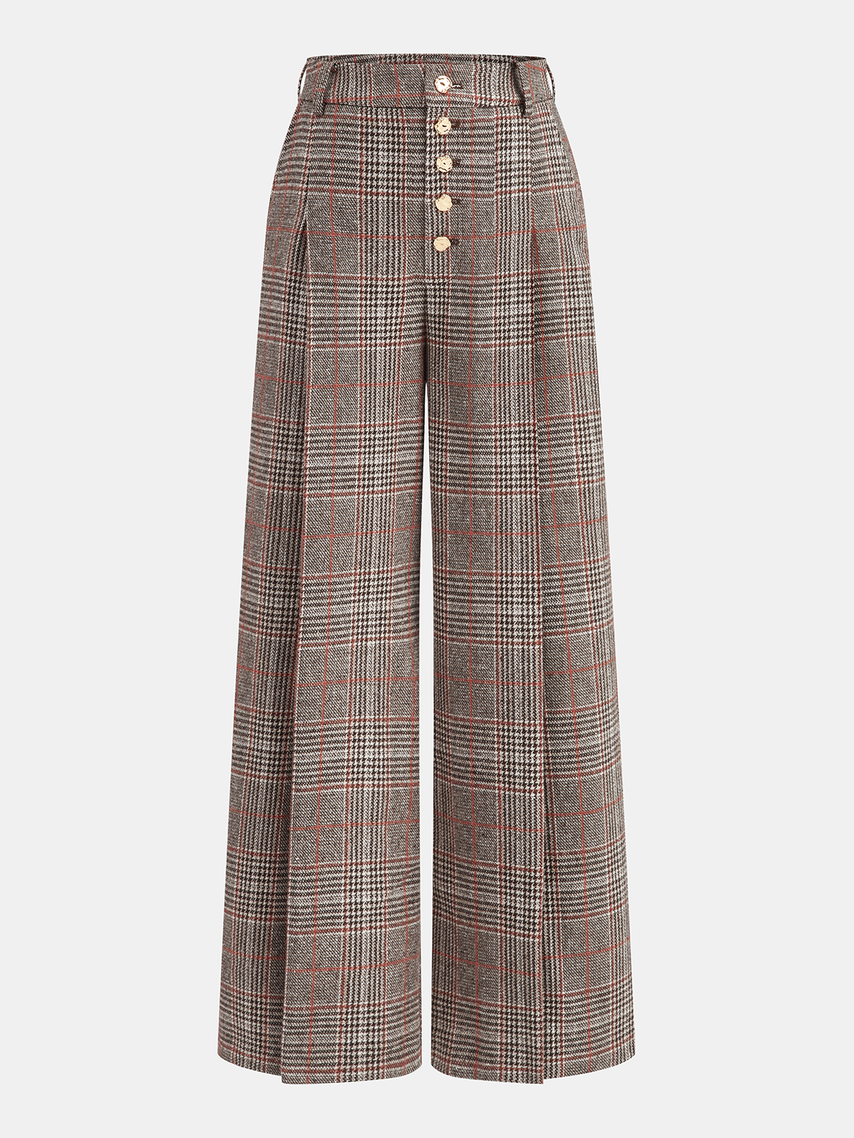 Mid-Waist Plaid Metal Button Pants-Chicvia