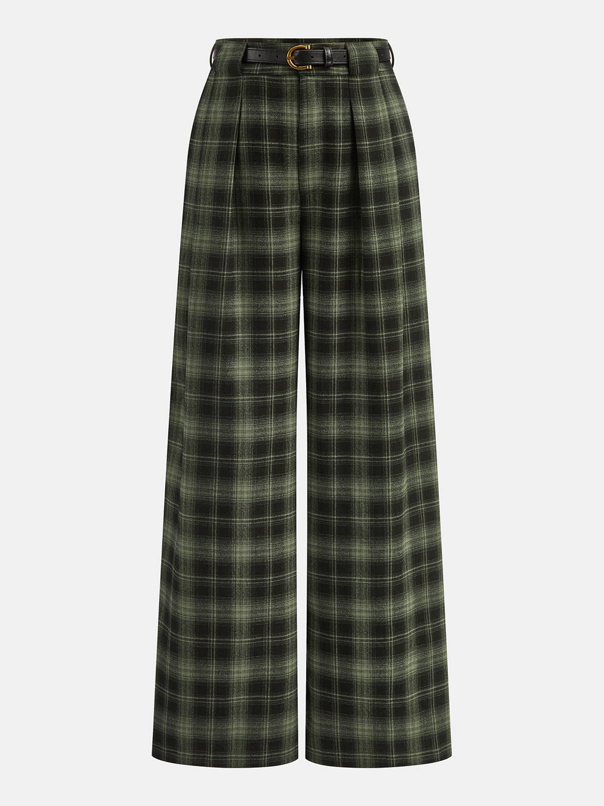 Belted Plaid Straight-Leg Pants-Chicvia