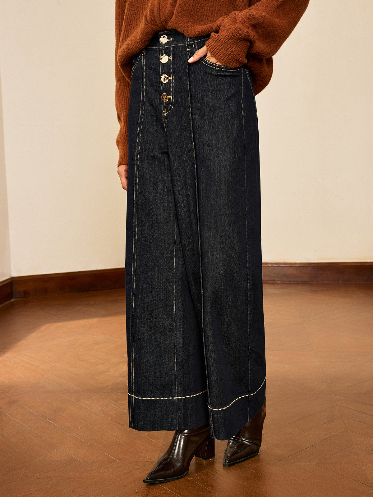 High-Waist Button Wide-Leg Denim Pants-Chicvia
