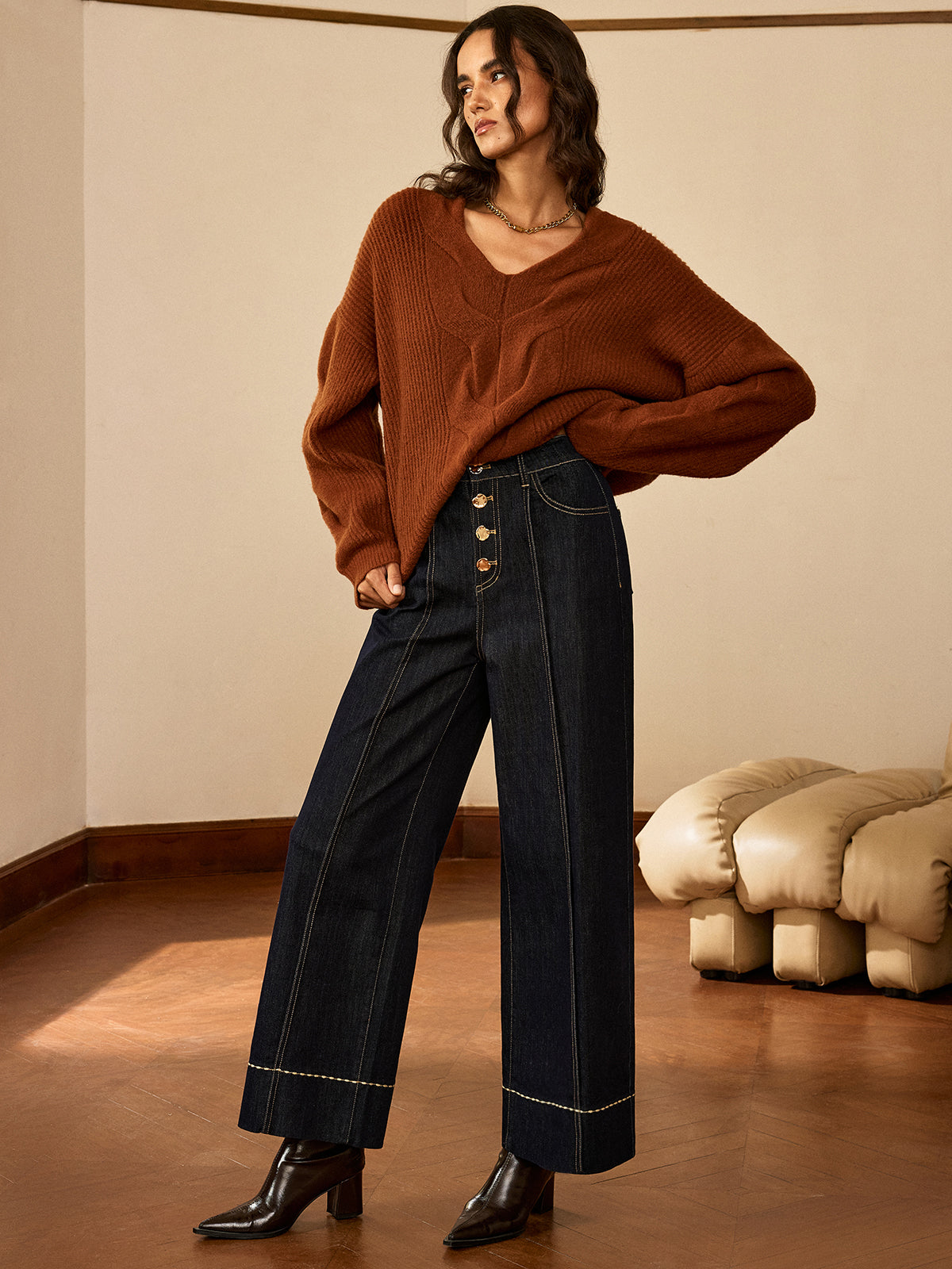 High-Waist Button Wide-Leg Denim Pants-Chicvia
