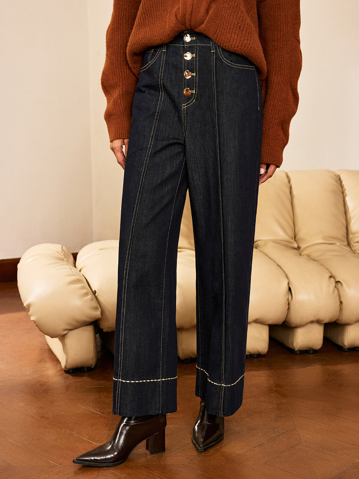High-Waist Button Wide-Leg Denim Pants-Chicvia