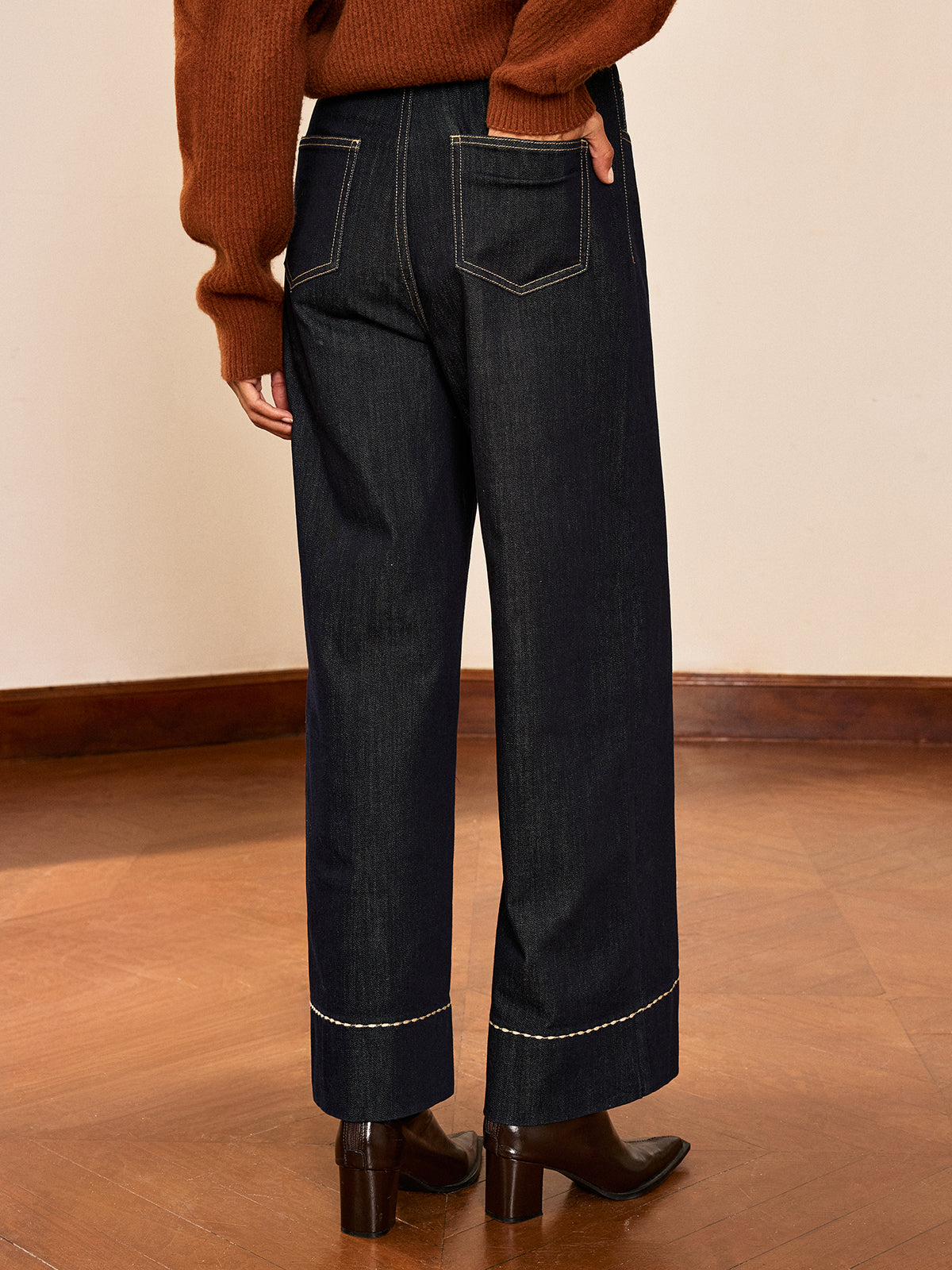 High-Waist Button Wide-Leg Denim Pants-Chicvia