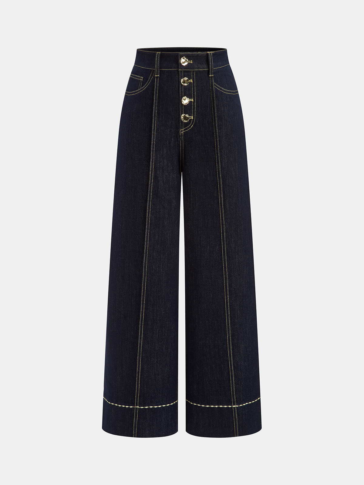 High-Waist Button Wide-Leg Denim Pants-Chicvia