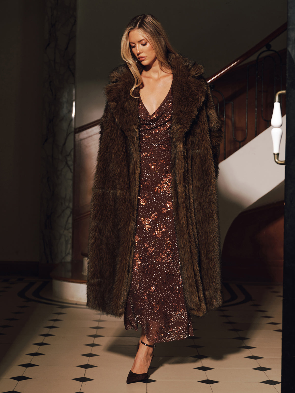 Lapel Faux Fur Longline Coat without Belt-Chicvia