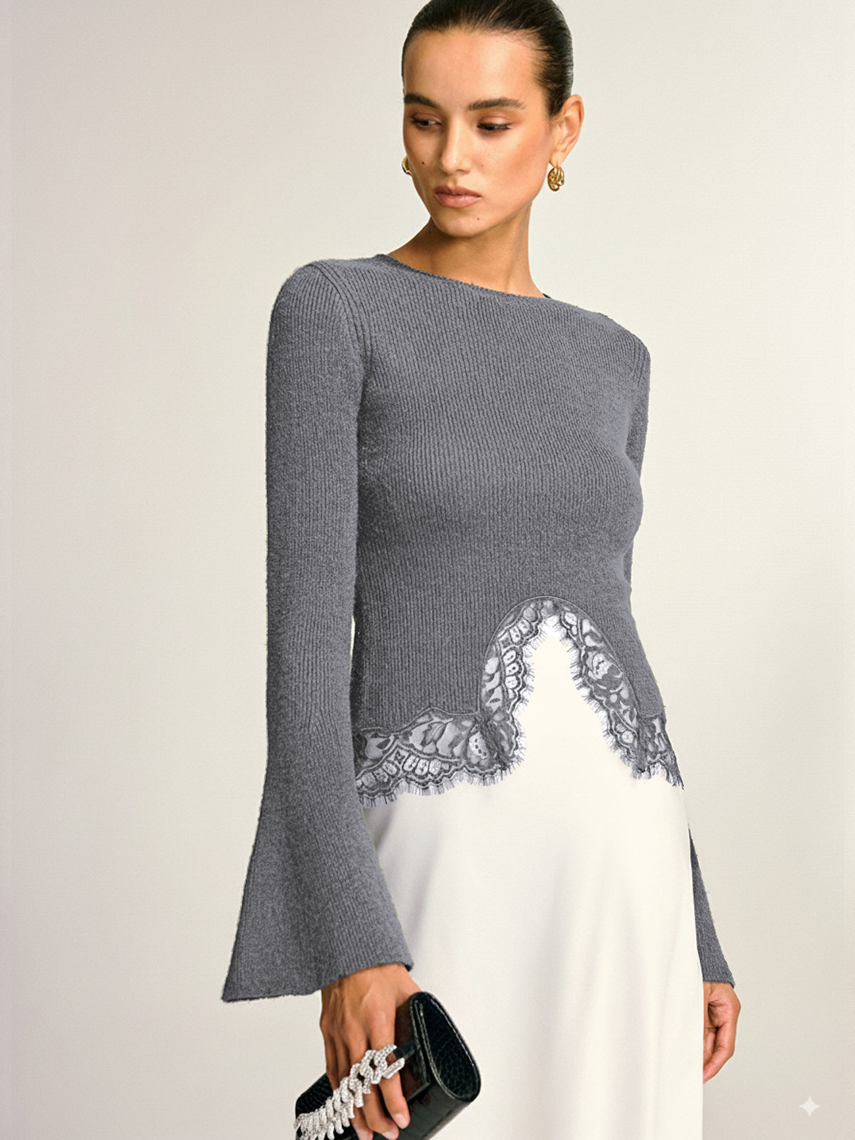 Lace Hem Bell Sleeve Wool Blend Knit Top-Chicvia