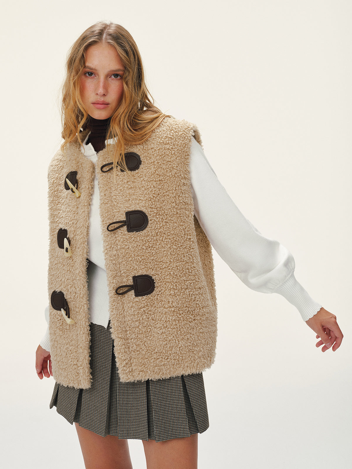 Faux Leather Buckle Fleece Sleeveless Vest-Chicvia