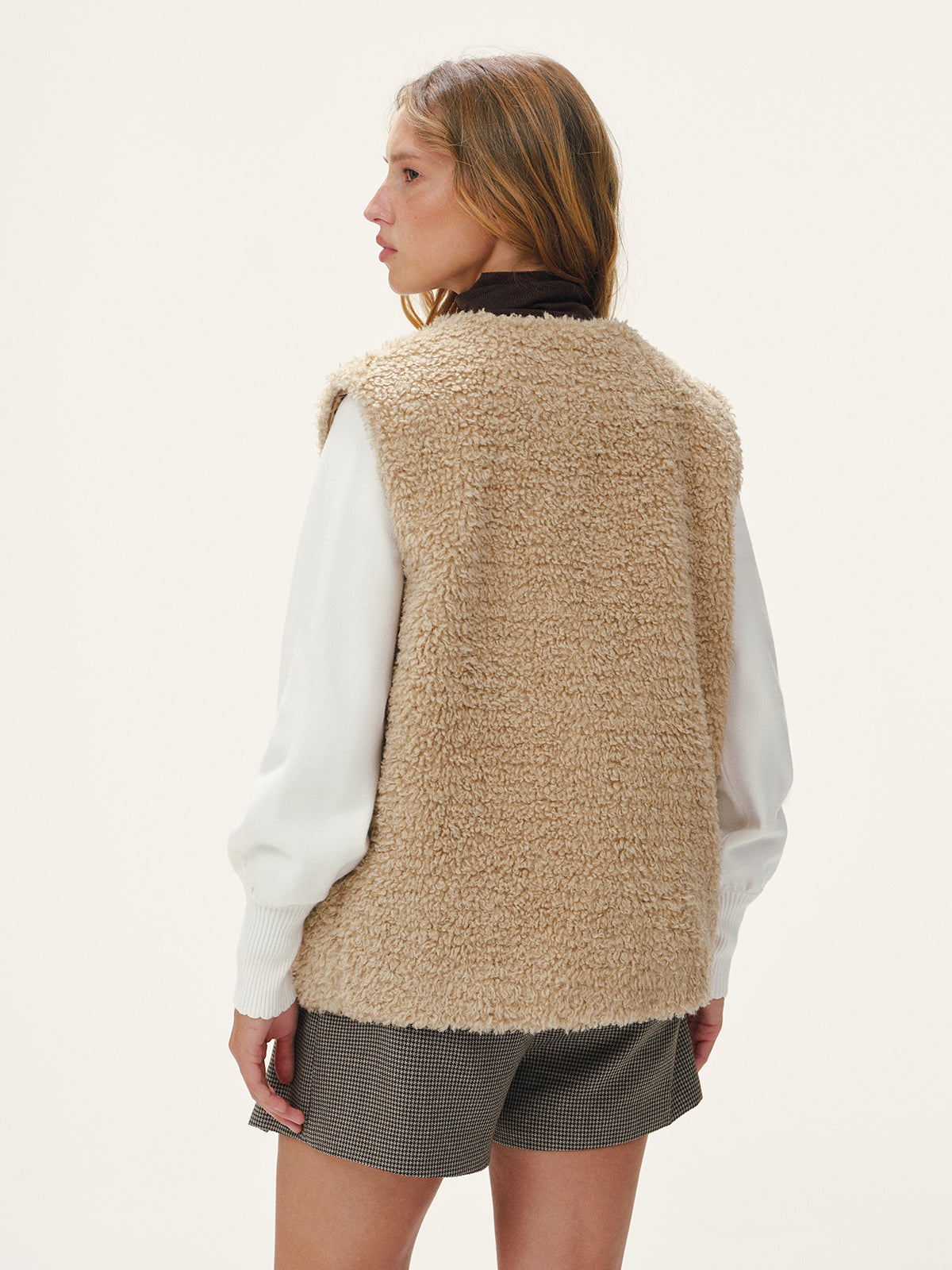 Faux Leather Buckle Fleece Sleeveless Vest-Chicvia