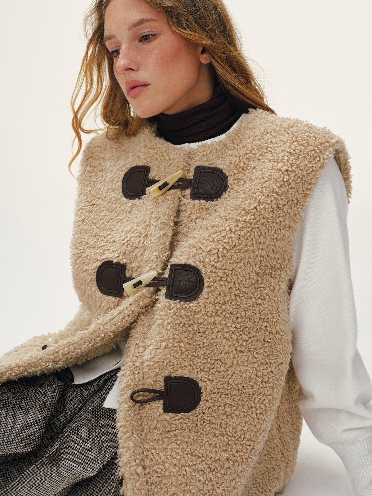 Faux Leather Buckle Fleece Sleeveless Vest-Chicvia