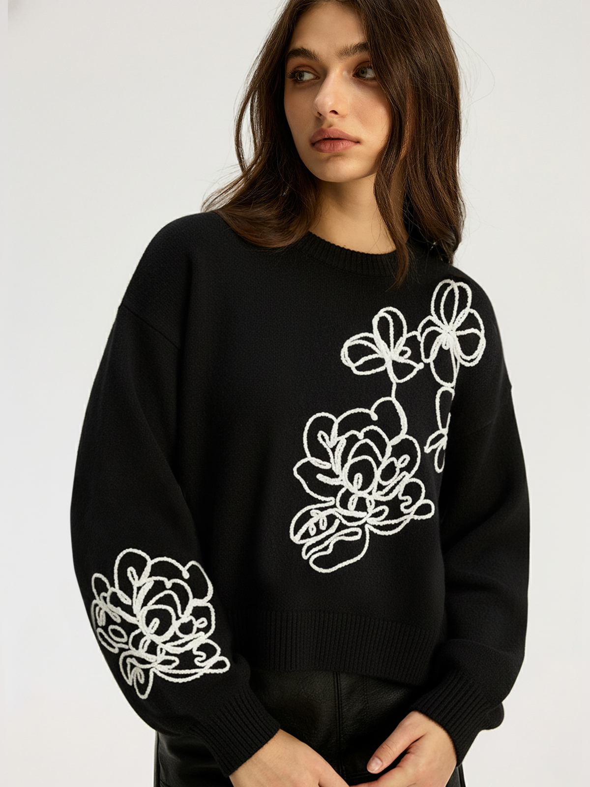 Floral Embroidery Wool-Blend Sweater-Chicvia