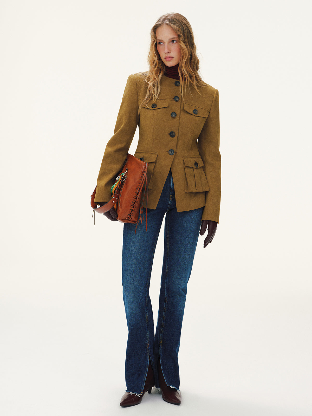 Button-Front Suede-Effect Blazer-Chicvia