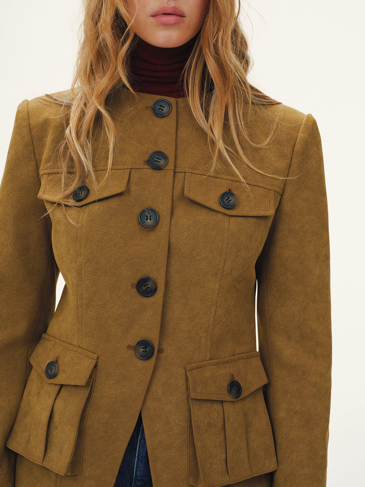 Button-Front Suede-Effect Blazer-Chicvia