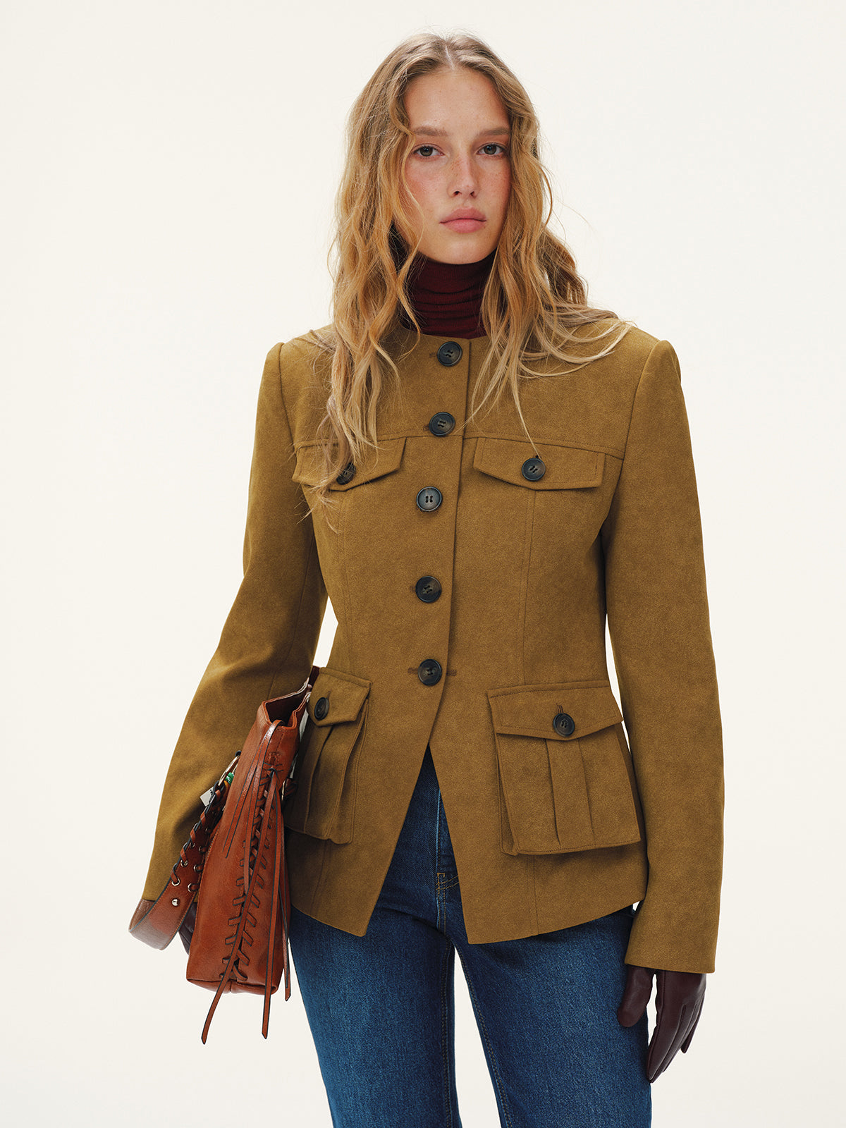 Button-Front Suede-Effect Blazer-Chicvia