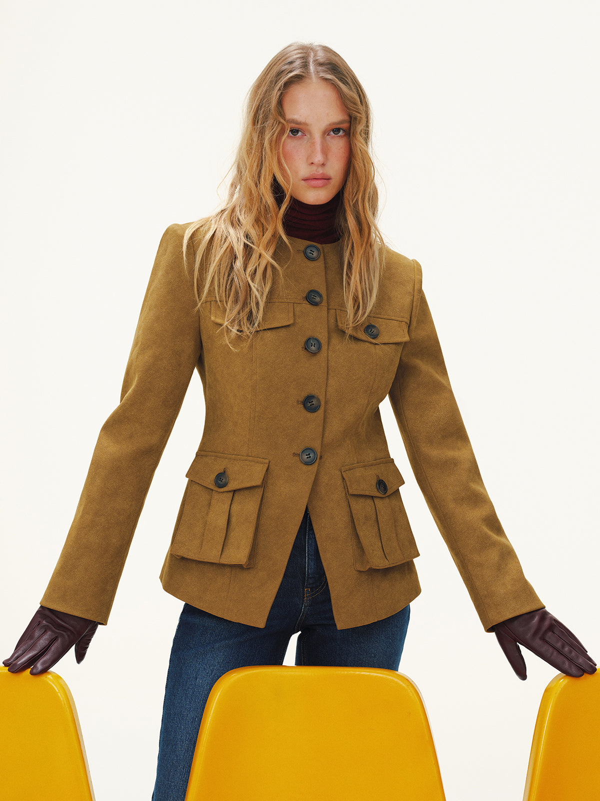 Button-Front Suede-Effect Blazer-Chicvia