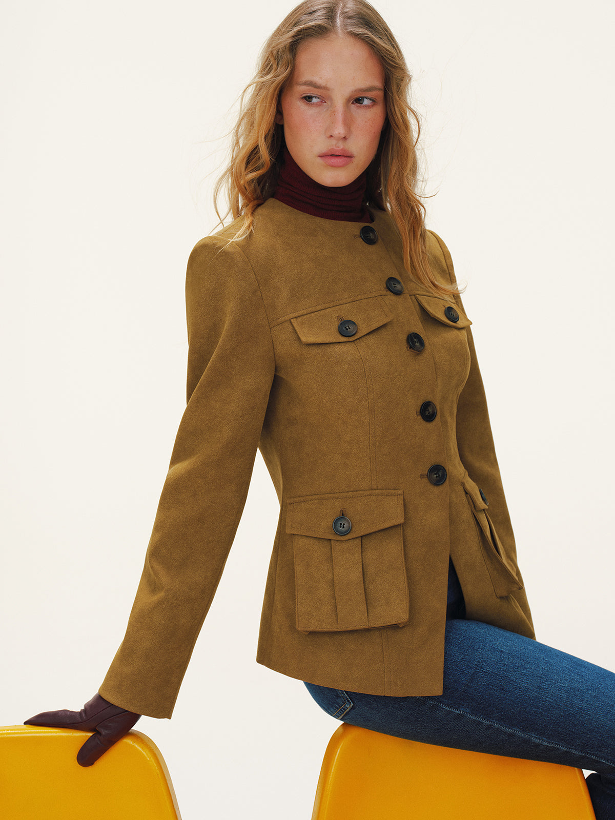 Button-Front Suede-Effect Blazer-Chicvia